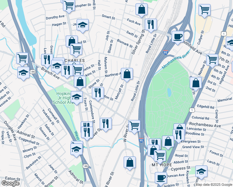 map of restaurants, bars, coffee shops, grocery stores, and more near 30 Grafton Street in Providence