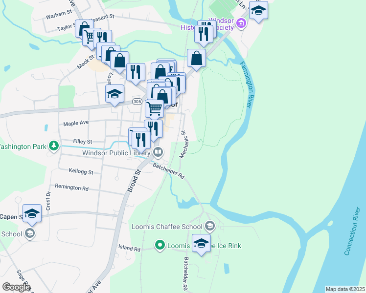 map of restaurants, bars, coffee shops, grocery stores, and more near in Windsor