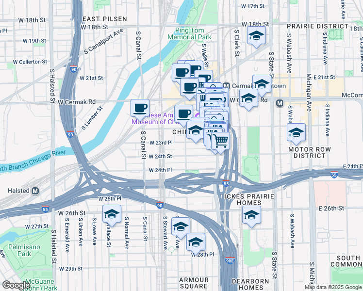 map of restaurants, bars, coffee shops, grocery stores, and more near 266 West 23rd Place in Chicago