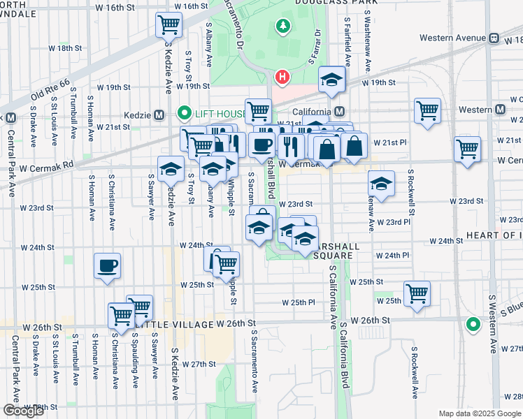 map of restaurants, bars, coffee shops, grocery stores, and more near 2878 West 23rd Street in Chicago