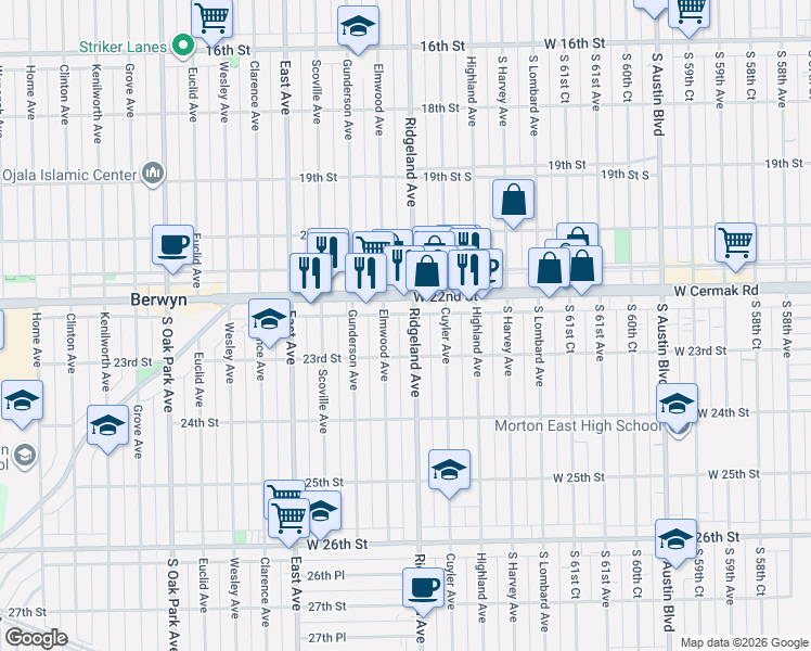 map of restaurants, bars, coffee shops, grocery stores, and more near 2213 Elmwood Avenue in Berwyn