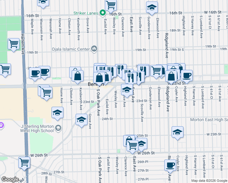 map of restaurants, bars, coffee shops, grocery stores, and more near 6655 Cermak Road in Berwyn