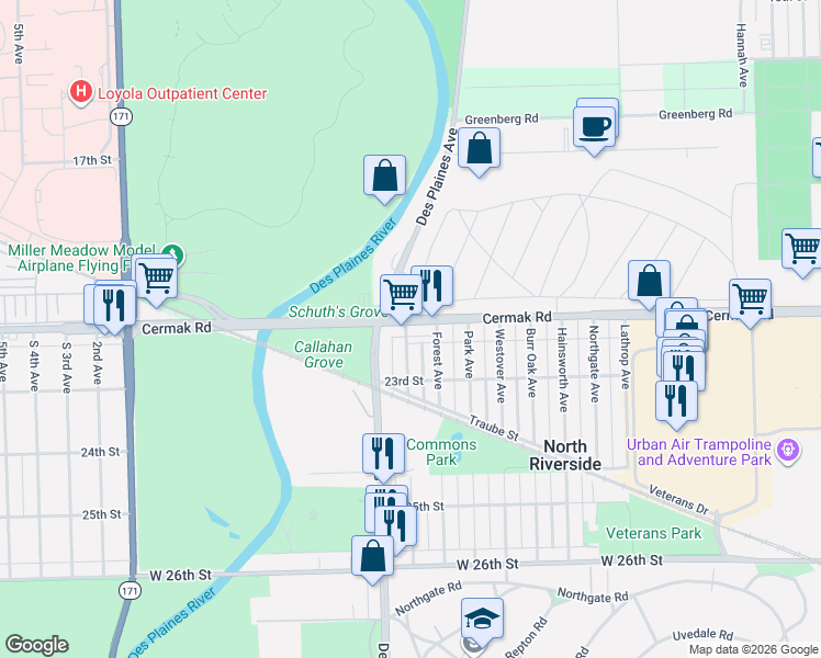 map of restaurants, bars, coffee shops, grocery stores, and more near 7919 Cermak Road in North Riverside