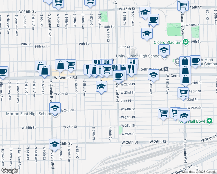 map of restaurants, bars, coffee shops, grocery stores, and more near 5623 West 22nd Place in Cicero