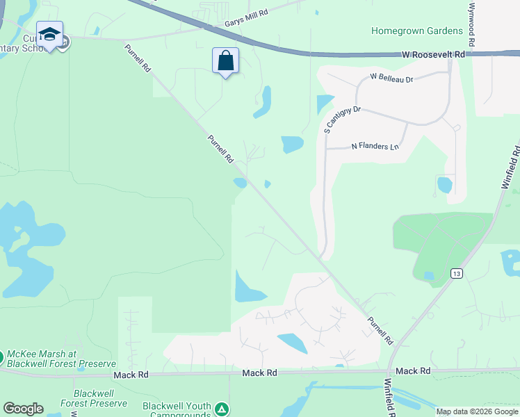 map of restaurants, bars, coffee shops, grocery stores, and more near 28W521 Purnell Road in West Chicago