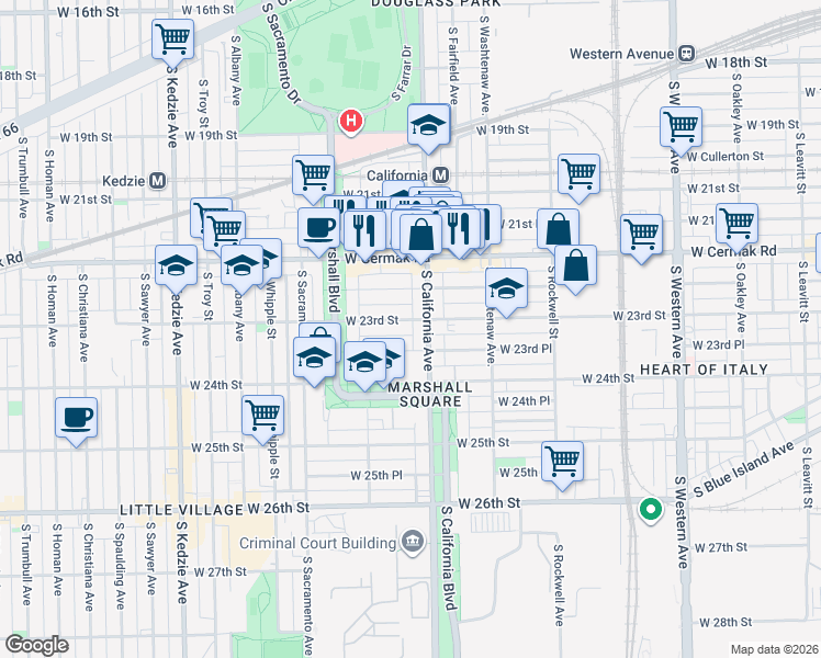 map of restaurants, bars, coffee shops, grocery stores, and more near 2300 South California Avenue in Chicago