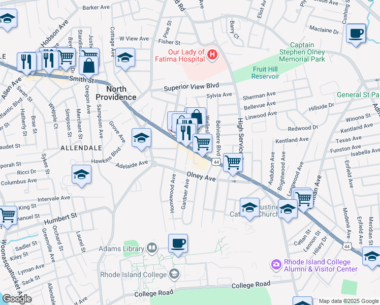 map of restaurants, bars, coffee shops, grocery stores, and more near 1524 Smith Street in North Providence