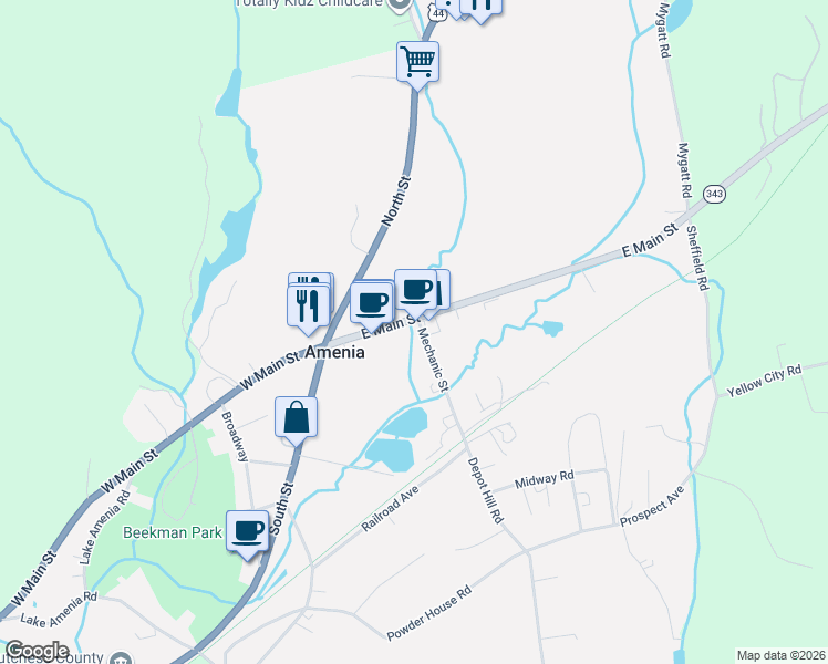map of restaurants, bars, coffee shops, grocery stores, and more near 51 Mechanic Street in Amenia
