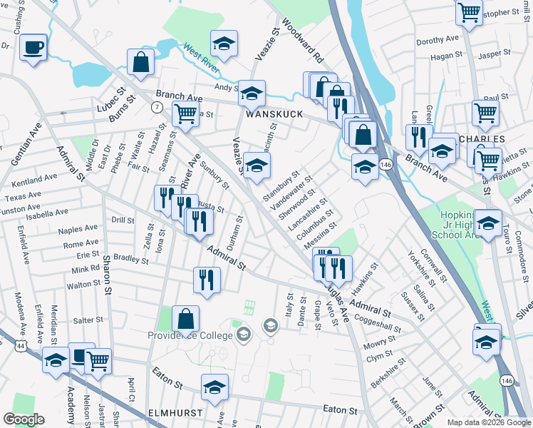 map of restaurants, bars, coffee shops, grocery stores, and more near 2 Vandewater Street in Providence