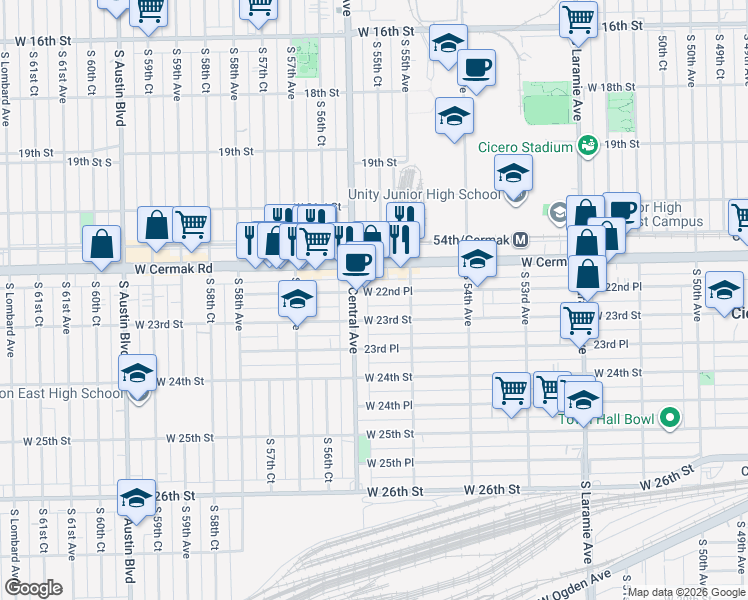 map of restaurants, bars, coffee shops, grocery stores, and more near 5535 West 22nd Place in Cicero