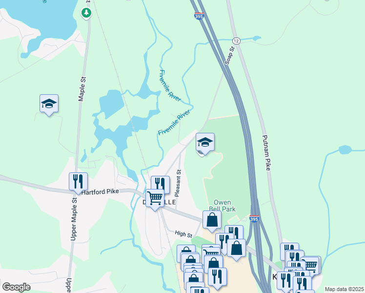 map of restaurants, bars, coffee shops, grocery stores, and more near 61 Soap Street in Killingly
