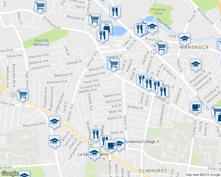 map of restaurants, bars, coffee shops, grocery stores, and more near 60 Isabella Ave in Providence