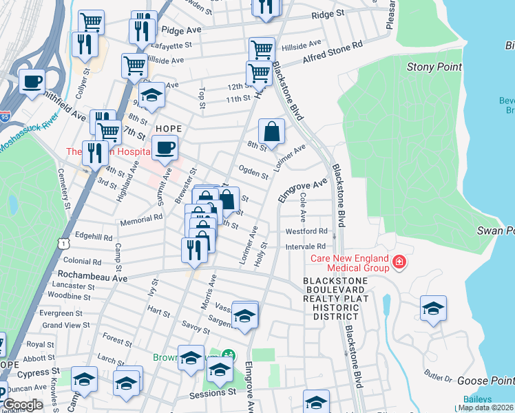 map of restaurants, bars, coffee shops, grocery stores, and more near 233 6th Street in Providence