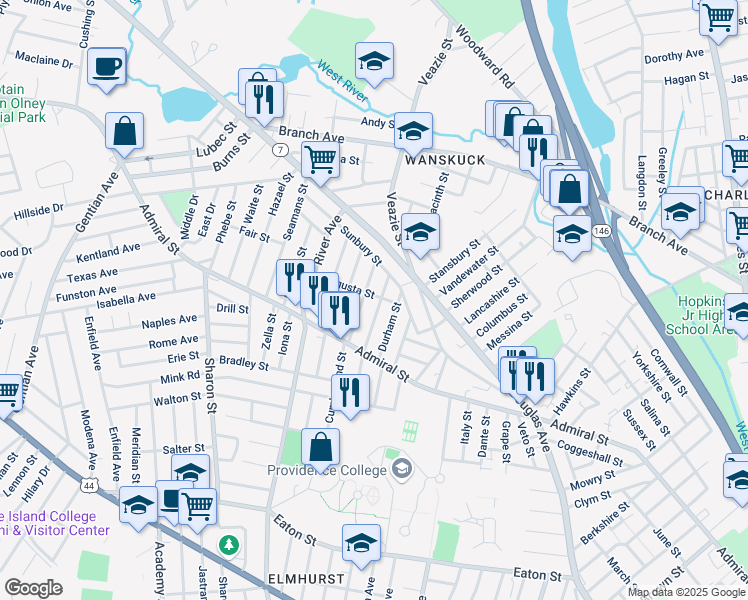 map of restaurants, bars, coffee shops, grocery stores, and more near 160 Devonshire Street in Providence