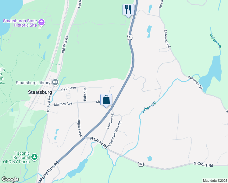 map of restaurants, bars, coffee shops, grocery stores, and more near 12 Mountain View Ave in Staatsburg