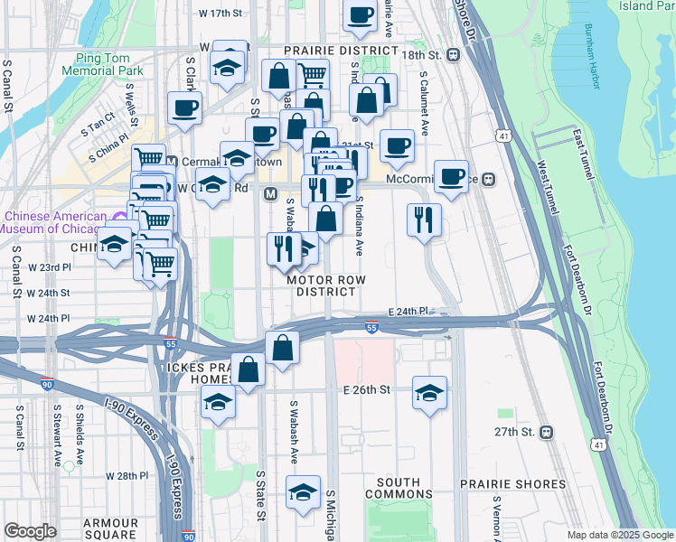 map of restaurants, bars, coffee shops, grocery stores, and more near 2334 South Indiana Avenue in Chicago