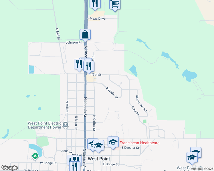 map of restaurants, bars, coffee shops, grocery stores, and more near 302 East Weiler Street in West Point