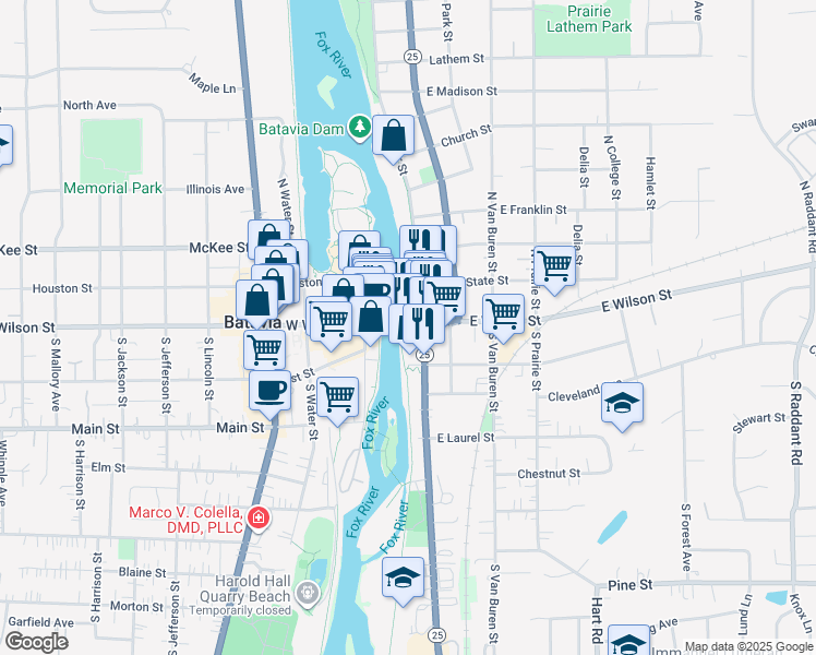 map of restaurants, bars, coffee shops, grocery stores, and more near 8 East Wilson Street in Batavia