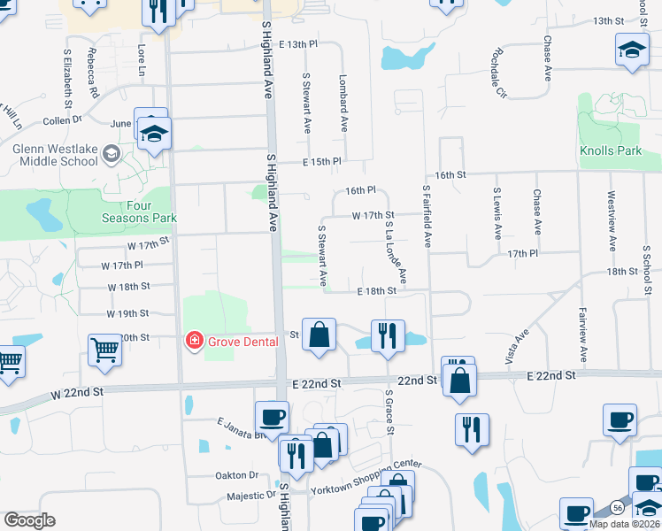 map of restaurants, bars, coffee shops, grocery stores, and more near 1S561 South Stewart Avenue in Lombard