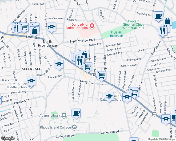 map of restaurants, bars, coffee shops, grocery stores, and more near 25 Wellesley Avenue in North Providence