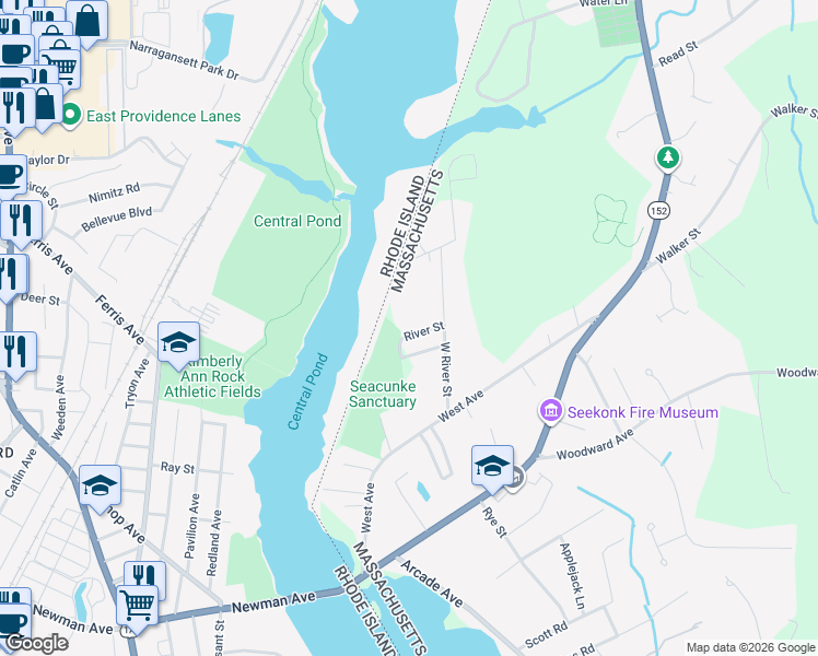 map of restaurants, bars, coffee shops, grocery stores, and more near 25 River Street in Seekonk