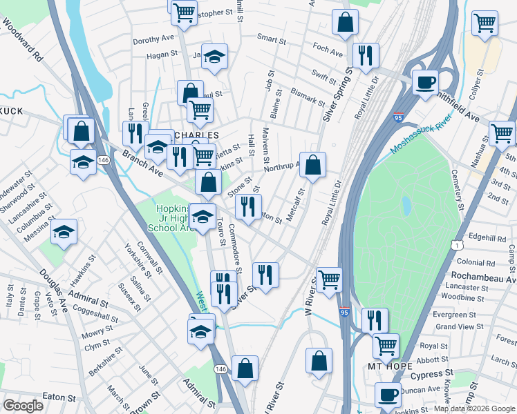 map of restaurants, bars, coffee shops, grocery stores, and more near 65 Ashton Street in Providence