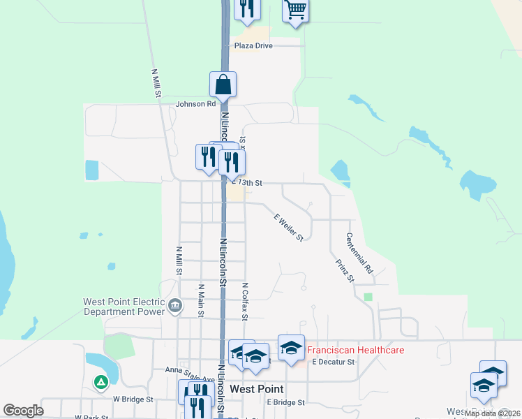map of restaurants, bars, coffee shops, grocery stores, and more near 302 East Weiler Street in West Point