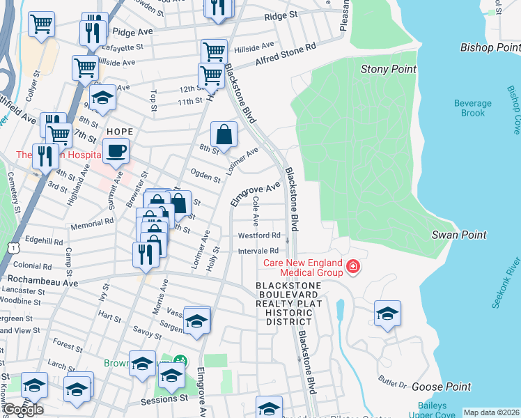 map of restaurants, bars, coffee shops, grocery stores, and more near 540 Cole Avenue in Providence