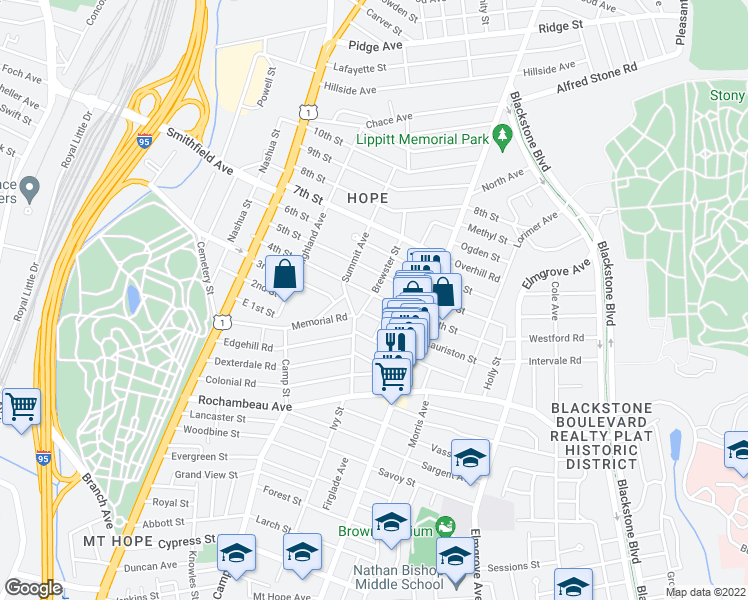 map of restaurants, bars, coffee shops, grocery stores, and more near 133 4th Street in Providence