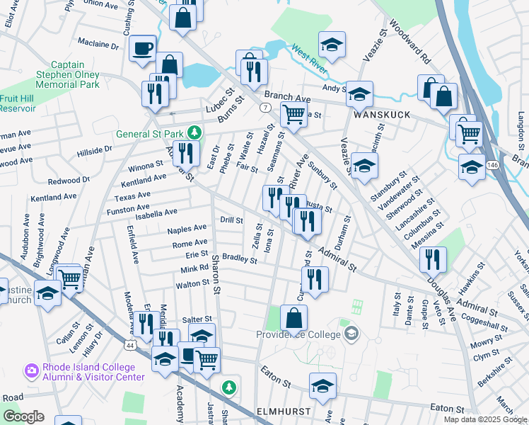 map of restaurants, bars, coffee shops, grocery stores, and more near 715 Admiral Street in Providence