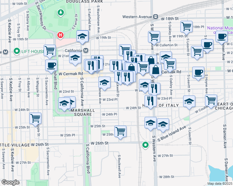 map of restaurants, bars, coffee shops, grocery stores, and more near 2600 West 23rd Street in Chicago