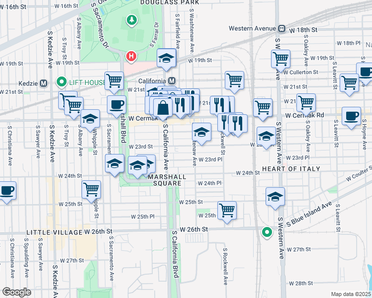 map of restaurants, bars, coffee shops, grocery stores, and more near 2651 West 23rd Street in Chicago