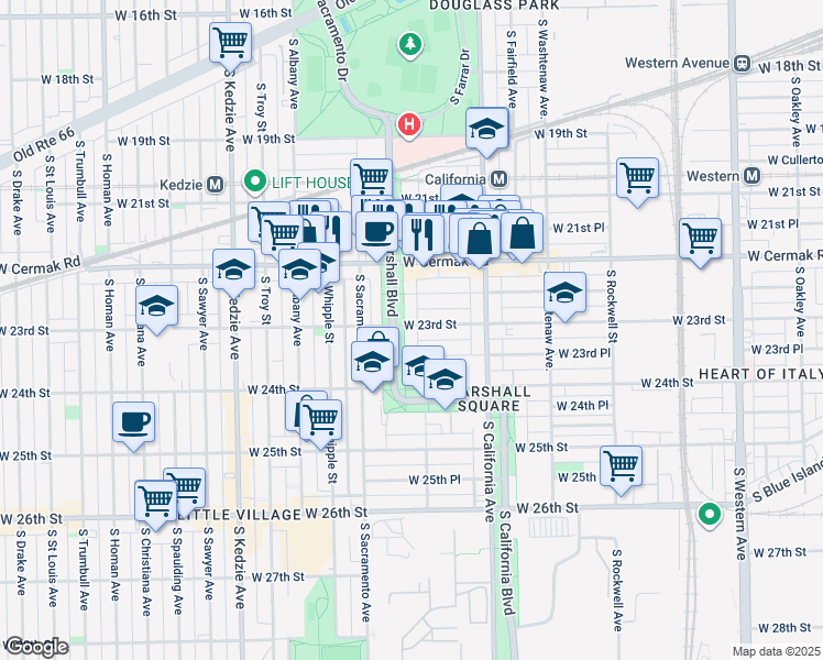 map of restaurants, bars, coffee shops, grocery stores, and more near 2878 West 23rd Street in Chicago