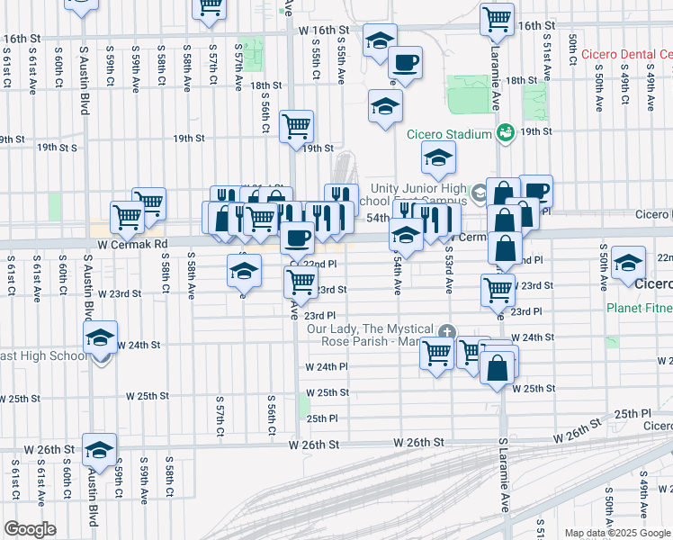 map of restaurants, bars, coffee shops, grocery stores, and more near 5509 West 22nd Place in Cicero