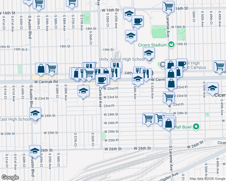 map of restaurants, bars, coffee shops, grocery stores, and more near 5509 West 22nd Place in Cicero