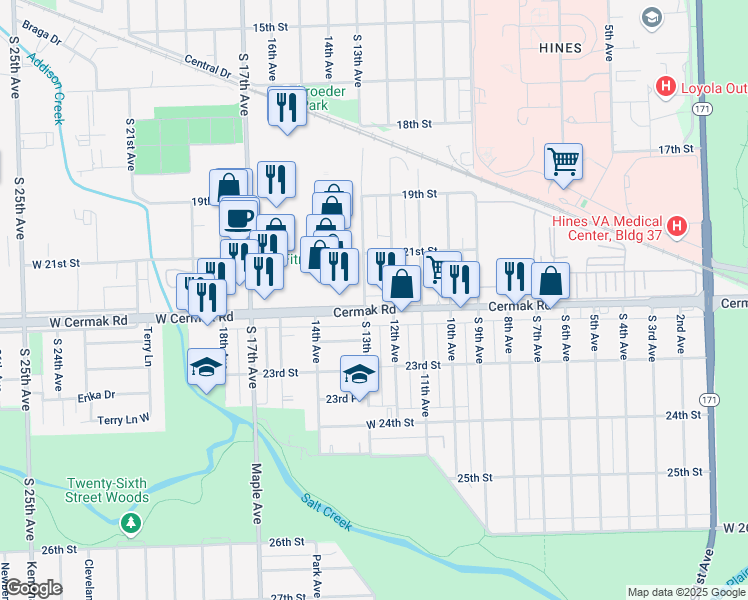 map of restaurants, bars, coffee shops, grocery stores, and more near 2933 South 13th Avenue in Broadview