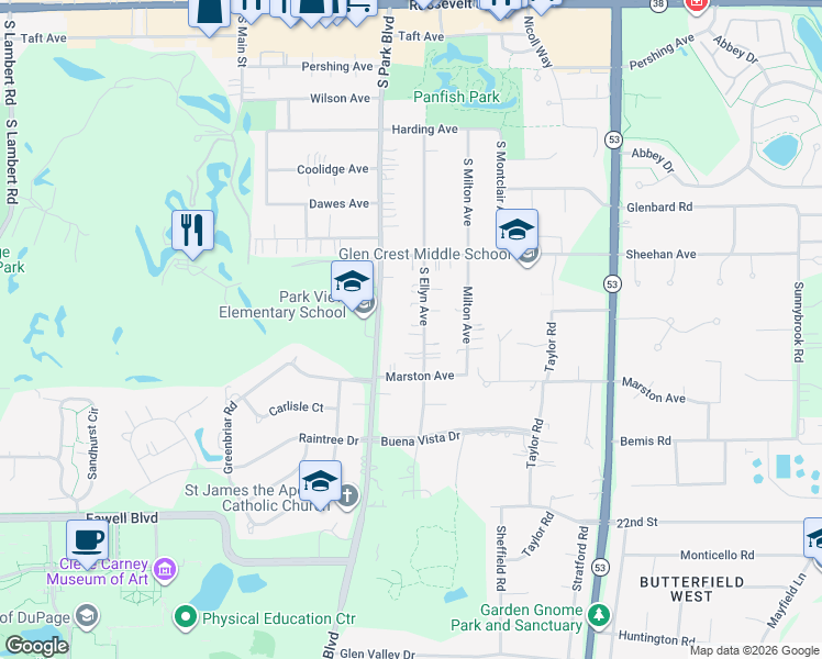 map of restaurants, bars, coffee shops, grocery stores, and more near 256 South Ellyn Avenue in Glen Ellyn