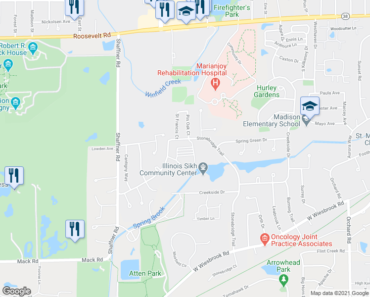 map of restaurants, bars, coffee shops, grocery stores, and more near 1460 Stonebridge Circle in Wheaton