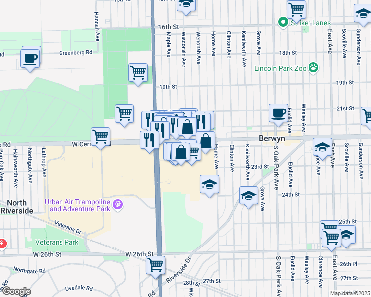 map of restaurants, bars, coffee shops, grocery stores, and more near 7113 Cermak Road in Berwyn