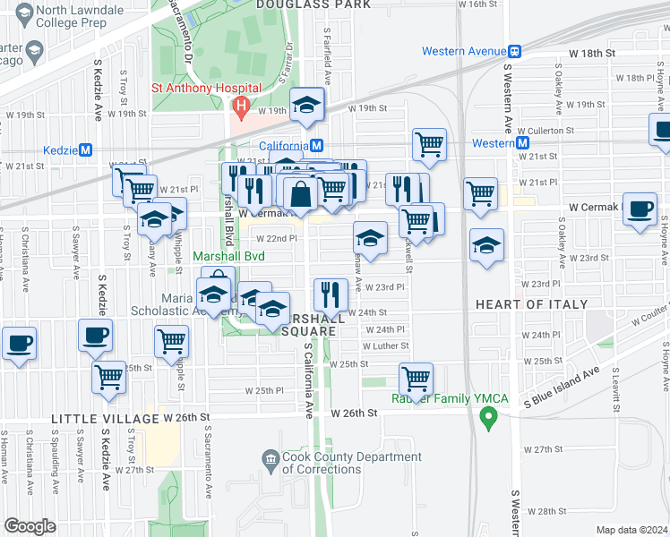 map of restaurants, bars, coffee shops, grocery stores, and more near 2725 West 23rd Street in Chicago