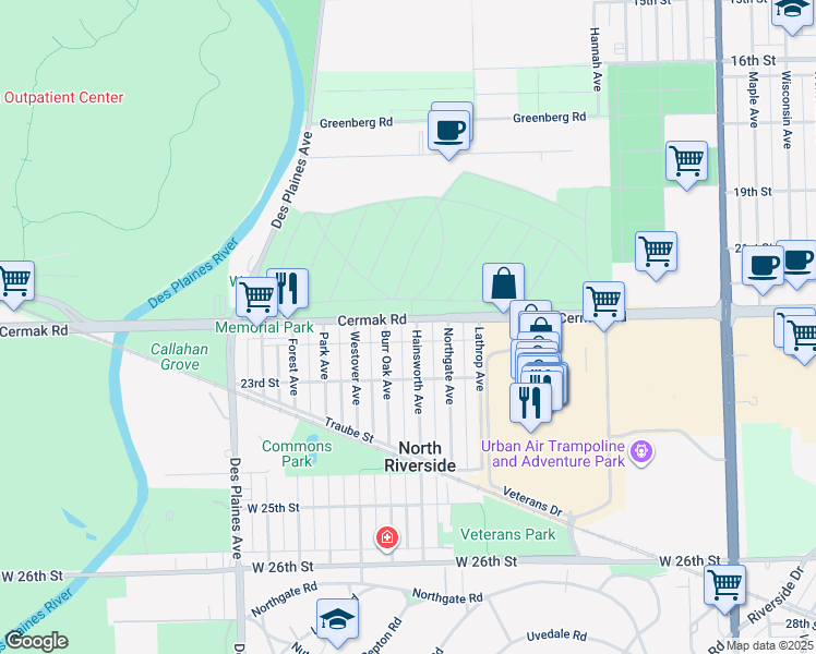 map of restaurants, bars, coffee shops, grocery stores, and more near 2204 Hainsworth Avenue in North Riverside