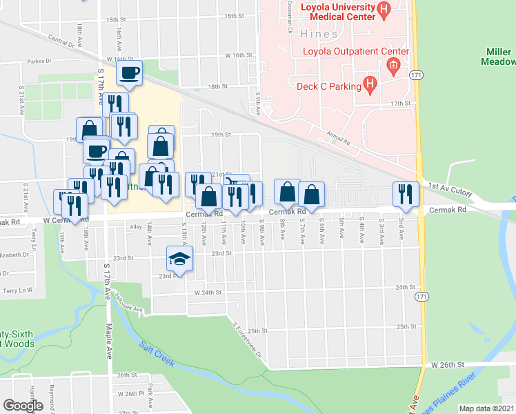 map of restaurants, bars, coffee shops, grocery stores, and more near 901 Cermak Road in Broadview