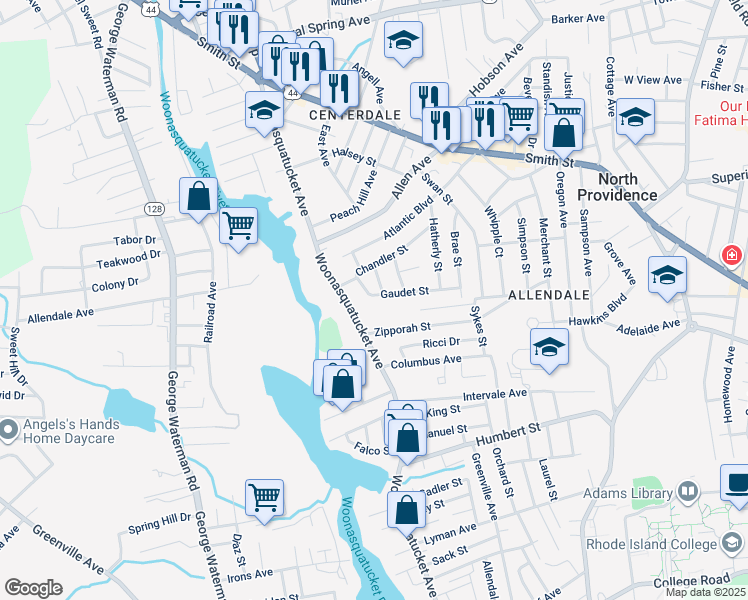 map of restaurants, bars, coffee shops, grocery stores, and more near 70 Gaudet Street in North Providence
