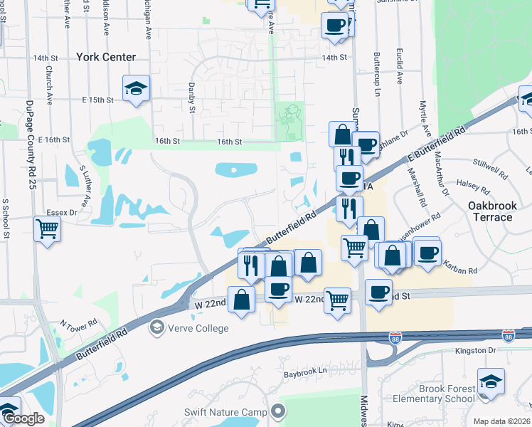 map of restaurants, bars, coffee shops, grocery stores, and more near 730 Butterfield Road in Oakbrook Terrace