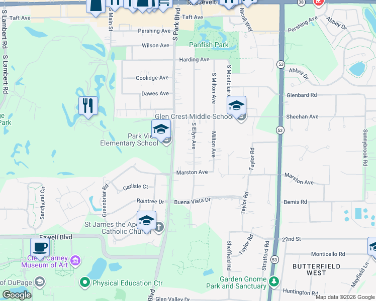 map of restaurants, bars, coffee shops, grocery stores, and more near 256 South Ellyn Avenue in Glen Ellyn