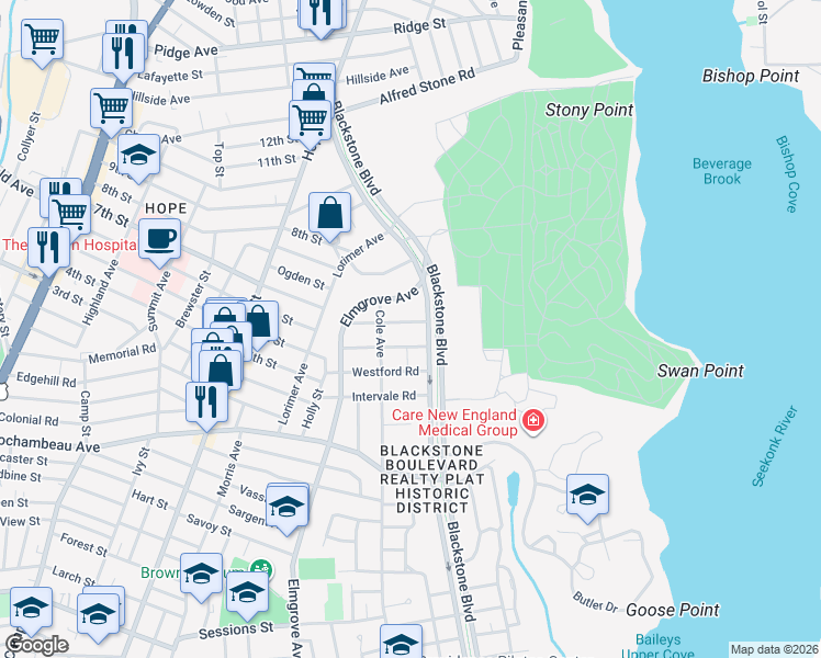 map of restaurants, bars, coffee shops, grocery stores, and more near 65 Harwich Rd in Providence
