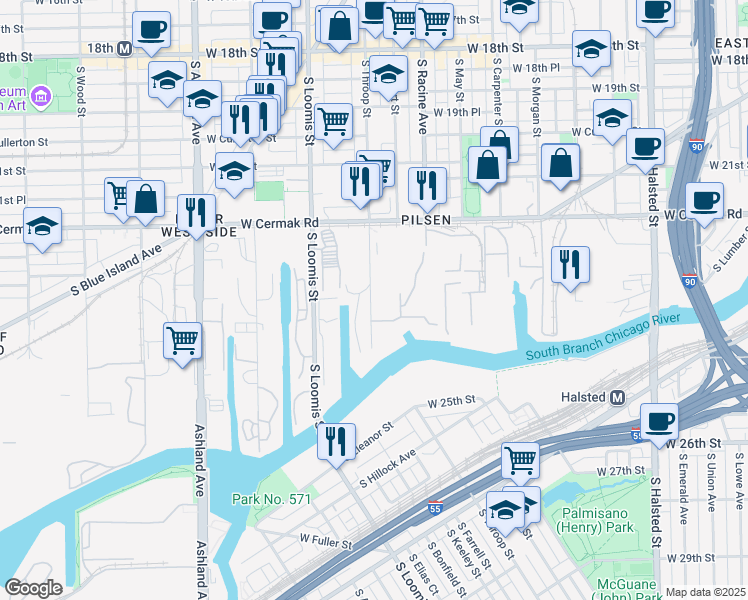 map of restaurants, bars, coffee shops, grocery stores, and more near 2247 South Throop Street in Chicago