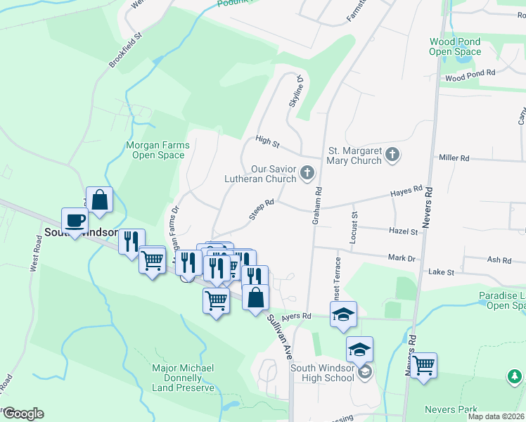 map of restaurants, bars, coffee shops, grocery stores, and more near 70 Steep Road in South Windsor