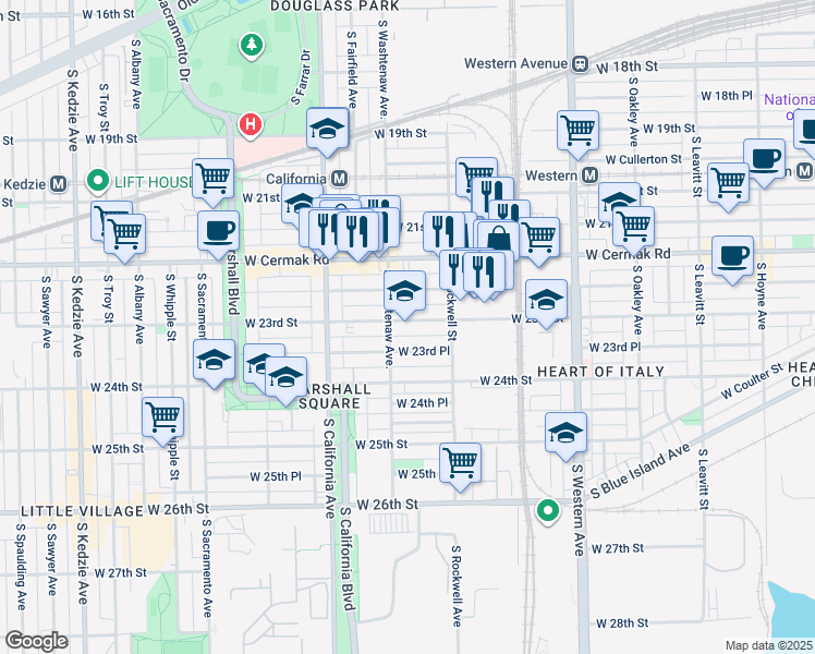 map of restaurants, bars, coffee shops, grocery stores, and more near 2651 West 23rd Street in Chicago