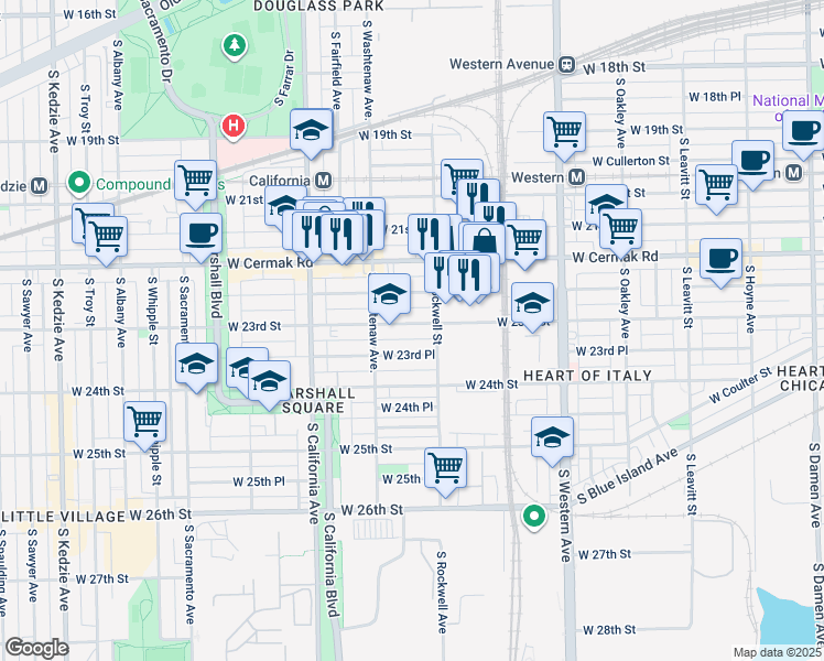map of restaurants, bars, coffee shops, grocery stores, and more near 2623 West 23rd Street in Chicago
